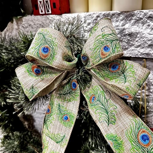 GiftWrap Etc Peacock Print on Beige Christmas Wired Ribbon - 2 1/2 inch x 10 Yards, Blue, Green, Gold Feathers, Mardi Gras, Wedding, Party, DIY Wreath, Swag, Garland, Fall, Thanksgiving, Tree Decoration - Image 2