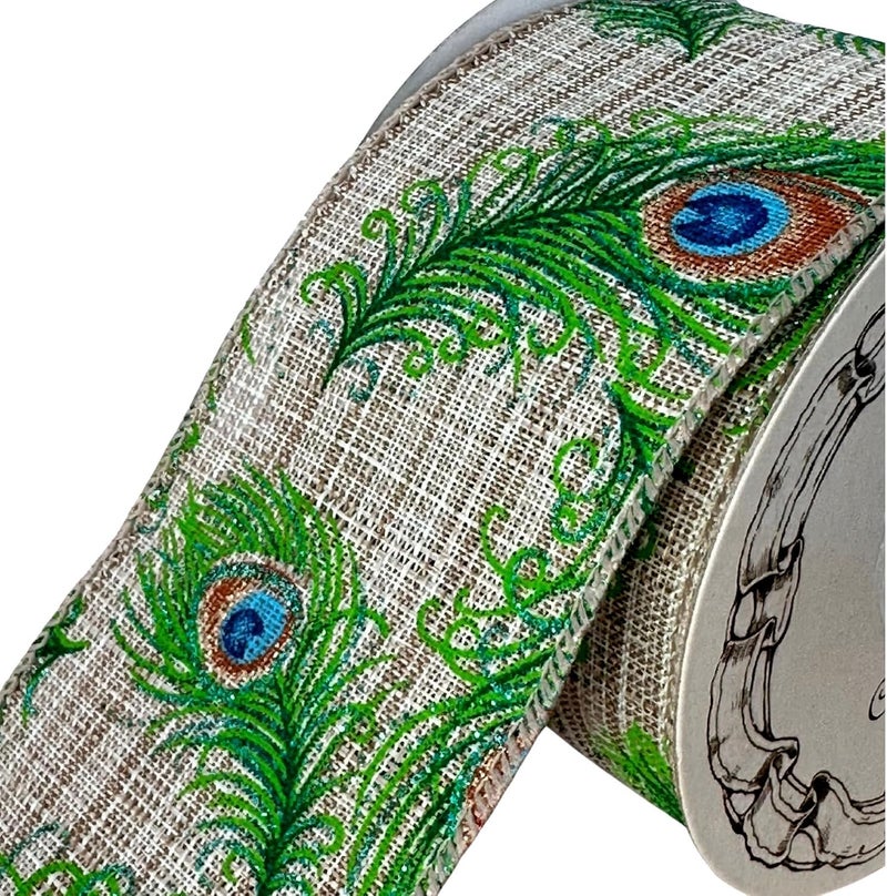 GiftWrap Etc Peacock Print on Beige Christmas Wired Ribbon - 2 1/2 inch x 10 Yards, Blue, Green, Gold Feathers, Mardi Gras, Wedding, Party, DIY Wreath, Swag, Garland, Fall, Thanksgiving, Tree Decoration - Image 5