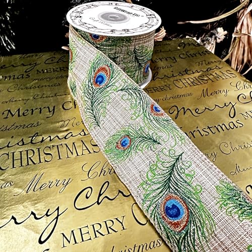 GiftWrap Etc Peacock Print on Beige Christmas Wired Ribbon - 2 1/2 inch x 10 Yards, Blue, Green, Gold Feathers, Mardi Gras, Wedding, Party, DIY Wreath, Swag, Garland, Fall, Thanksgiving, Tree Decoration - Image 3