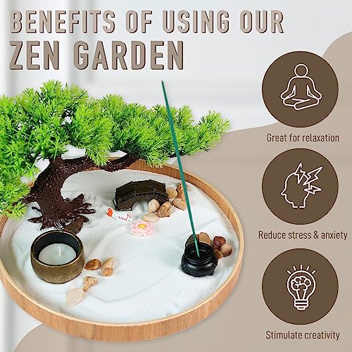 Timani Japanese Zen Garden for Desk - Zen Garden Sand Kit, Artificial Bonsai Tree, Rakes & Accessories - Japanese Decor Office Home Desktop Relaxation Sandbox Decor. 9.5" Inches Wooden Round Tray - Image 3