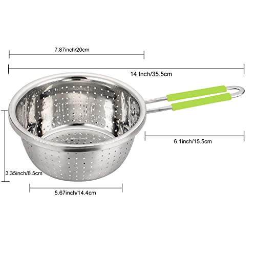 Contiup Stainless Steel Perforated Colander Strainer with Long Green Handle Sieve Sifters Use for Kitchen Food Pasta Noodles Spaghetti Vegetables Silver - 7.9inch - Image 2