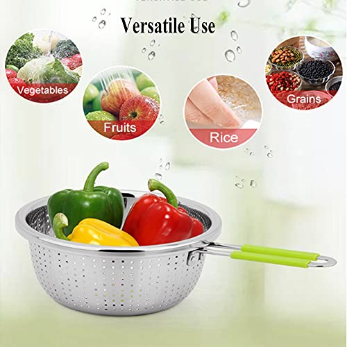 Contiup Stainless Steel Perforated Colander Strainer with Long Green Handle Sieve Sifters Use for Kitchen Food Pasta Noodles Spaghetti Vegetables Silver - 7.9inch - Image 4