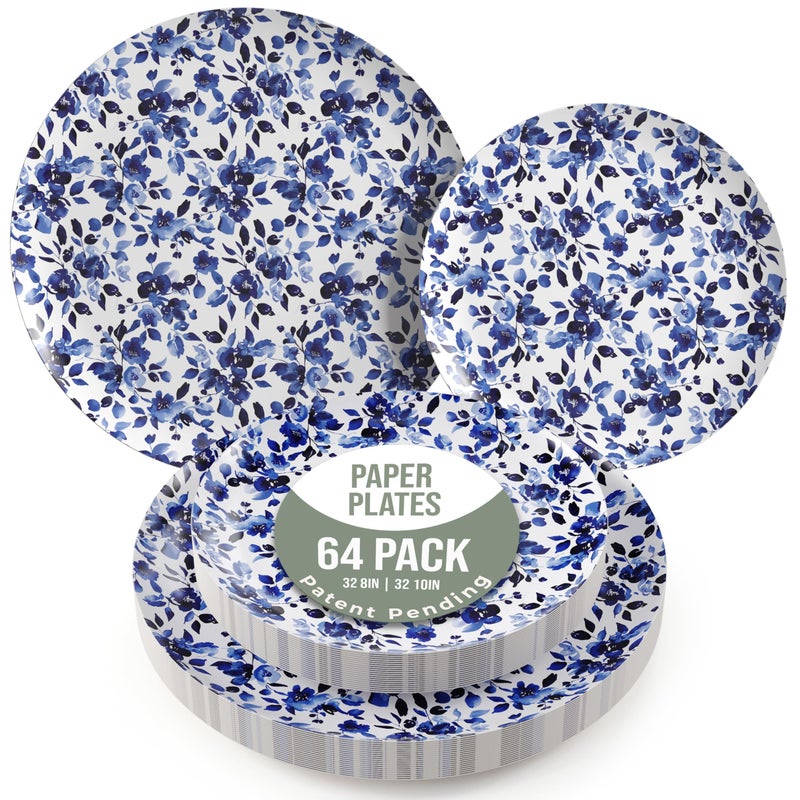 Trendables Heavy Duty Paper Plates Set For 32 Guests - 32 Each Of 8-inch And 10-inch Disposable Plates For Party - Fancy 64 Piece Dinnerware Set For All Occasions | Floral Design  Bluebelle - Image 1