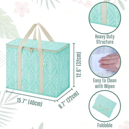 VENO 2 Pack Insulated Cooler Bag, Reusable Grocery Shopping Bag for Food Delivery, Heavy Duty, Large Size, Durable Handles, Double Zippers, Lid, Collapsible (Evergreen, 2 Pack) - Image 2