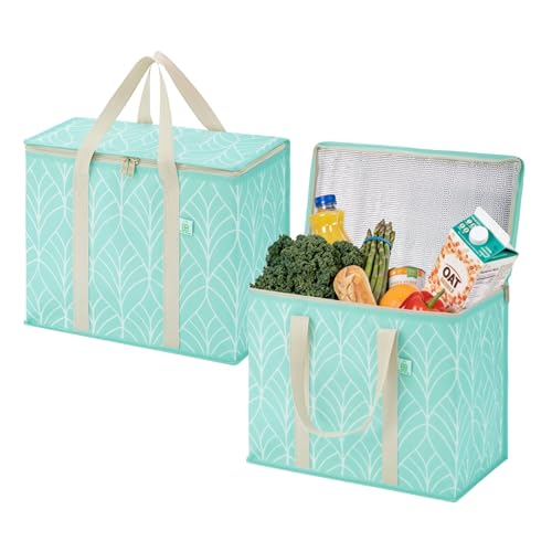 VENO 2 Pack Insulated Cooler Bag, Reusable Grocery Shopping Bag for Food Delivery, Heavy Duty, Large Size, Durable Handles, Double Zippers, Lid, Collapsible (Evergreen, 2 Pack) - Image 1
