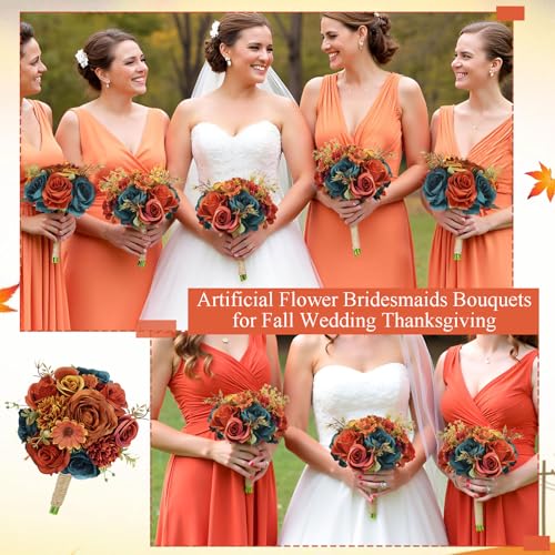 SEMONONIA Set of 6 Bridesmaids Bouquets for Wedding - 7 inch Artificial Flower Bridesmaid Bouquet Silk Rose Small Floral Bouquet for Bridesmaids Fall Wedding Bridal Shower Marriage Proposal Party Ceremony Decor - Image 2
