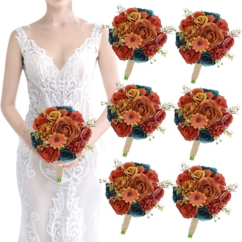 SEMONONIA Set of 6 Bridesmaids Bouquets for Wedding - 7 inch Artificial Flower Bridesmaid Bouquet Silk Rose Small Floral Bouquet for Bridesmaids Fall Wedding Bridal Shower Marriage Proposal Party Ceremony Decor - Image 1