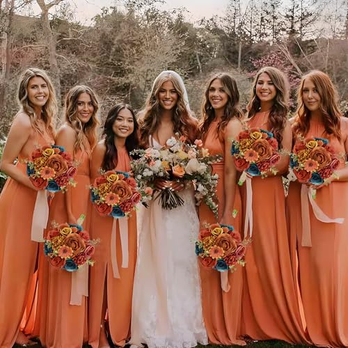 SEMONONIA Set of 6 Bridesmaids Bouquets for Wedding - 7 inch Artificial Flower Bridesmaid Bouquet Silk Rose Small Floral Bouquet for Bridesmaids Fall Wedding Bridal Shower Marriage Proposal Party Ceremony Decor - Image 4