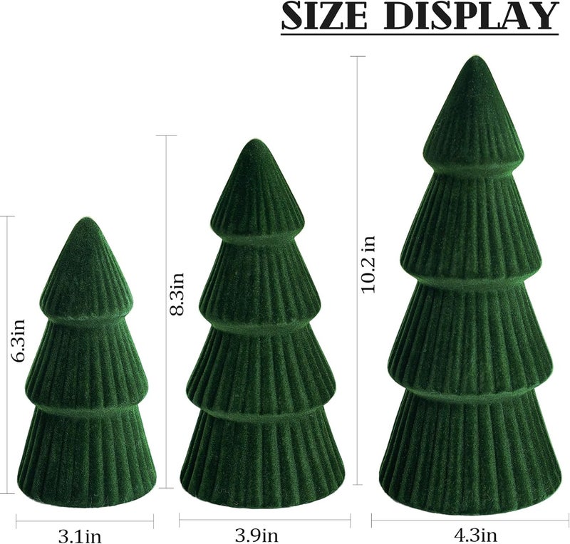 MOREDOTS Christmas Decorations - Set of 3 Velvet Ceramic Christmas Trees - Modern Cone Indoor Christmas Decoration Centerpieces for Table Mantel and Living Room Home Decor (Green) - Image 2