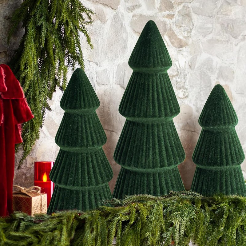 MOREDOTS Christmas Decorations - Set of 3 Velvet Ceramic Christmas Trees - Modern Cone Indoor Christmas Decoration Centerpieces for Table Mantel and Living Room Home Decor (Green) - Image 1