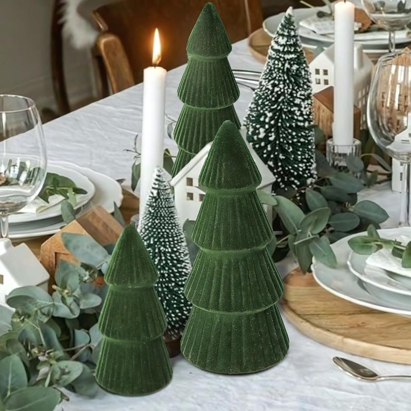 MOREDOTS Christmas Decorations - Set of 3 Velvet Ceramic Christmas Trees - Modern Cone Indoor Christmas Decoration Centerpieces for Table Mantel and Living Room Home Decor (Green) - Image 5