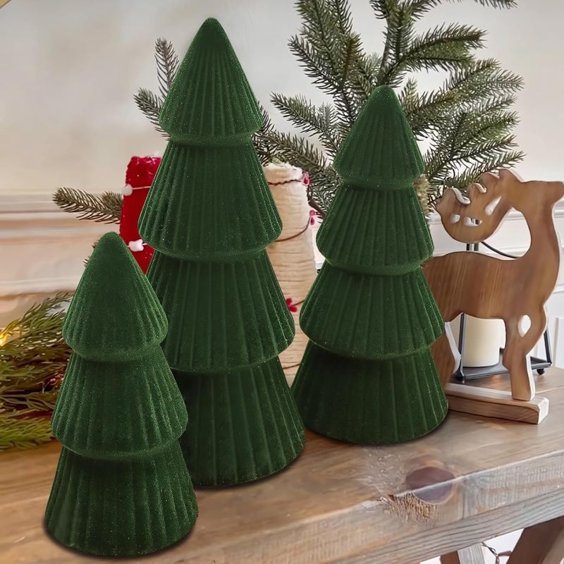 MOREDOTS Christmas Decorations - Set of 3 Velvet Ceramic Christmas Trees - Modern Cone Indoor Christmas Decoration Centerpieces for Table Mantel and Living Room Home Decor (Green) - Image 4