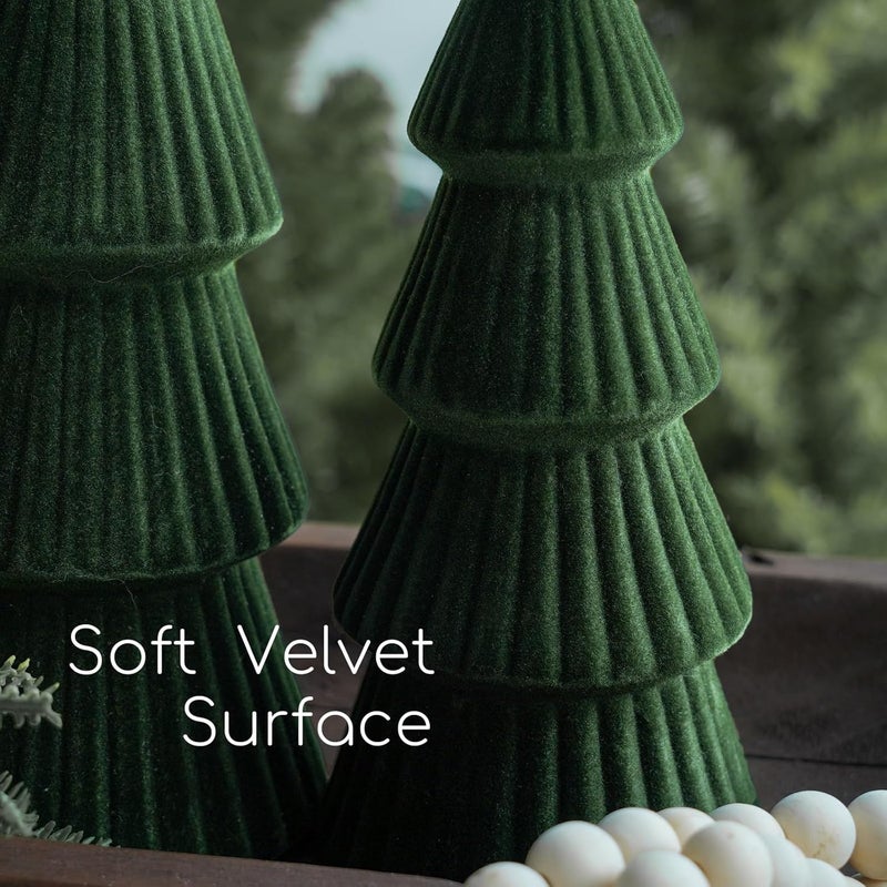 MOREDOTS Christmas Decorations - Set of 3 Velvet Ceramic Christmas Trees - Modern Cone Indoor Christmas Decoration Centerpieces for Table Mantel and Living Room Home Decor (Green) - Image 3