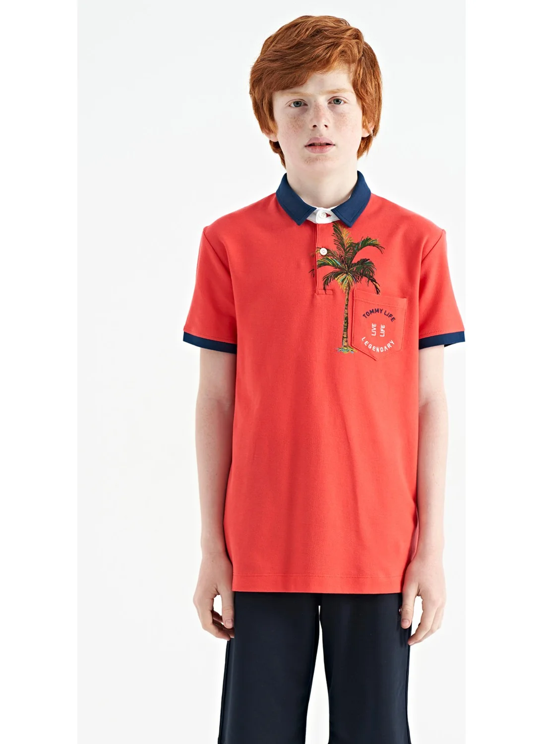 تومي لايف Coral Printed Pocket Detailed Standard Size Polo Collar Boy T-Shirt - 11144