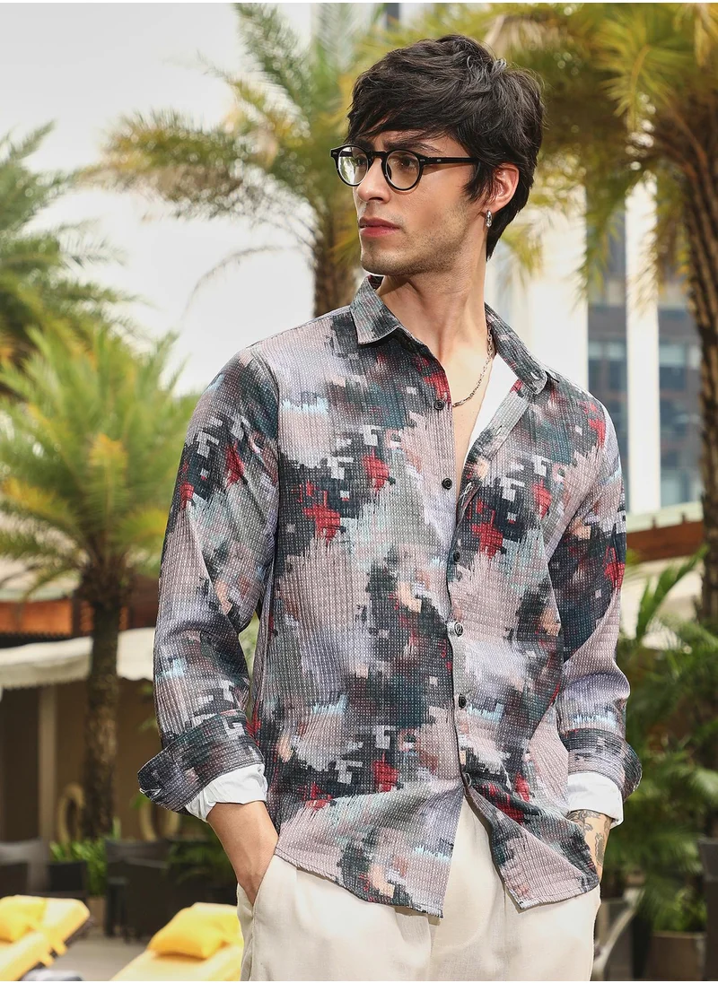 Campus Sutra Campus Sutra Men's Charcoal Grey & Venetian Red Artistic-Blur Shirt For Casual Wear | Spread Collar | Long Sleeve | Button Closure | Shirt Crafted With Comfort Fit For Everyday Wear