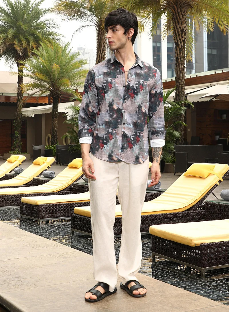 Campus Sutra Campus Sutra Men's Charcoal Grey & Venetian Red Artistic-Blur Shirt For Casual Wear | Spread Collar | Long Sleeve | Button Closure | Shirt Crafted With Comfort Fit For Everyday Wear