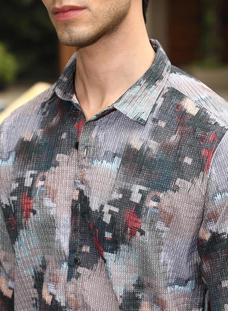 Campus Sutra Campus Sutra Men's Charcoal Grey & Venetian Red Artistic-Blur Shirt For Casual Wear | Spread Collar | Long Sleeve | Button Closure | Shirt Crafted With Comfort Fit For Everyday Wear