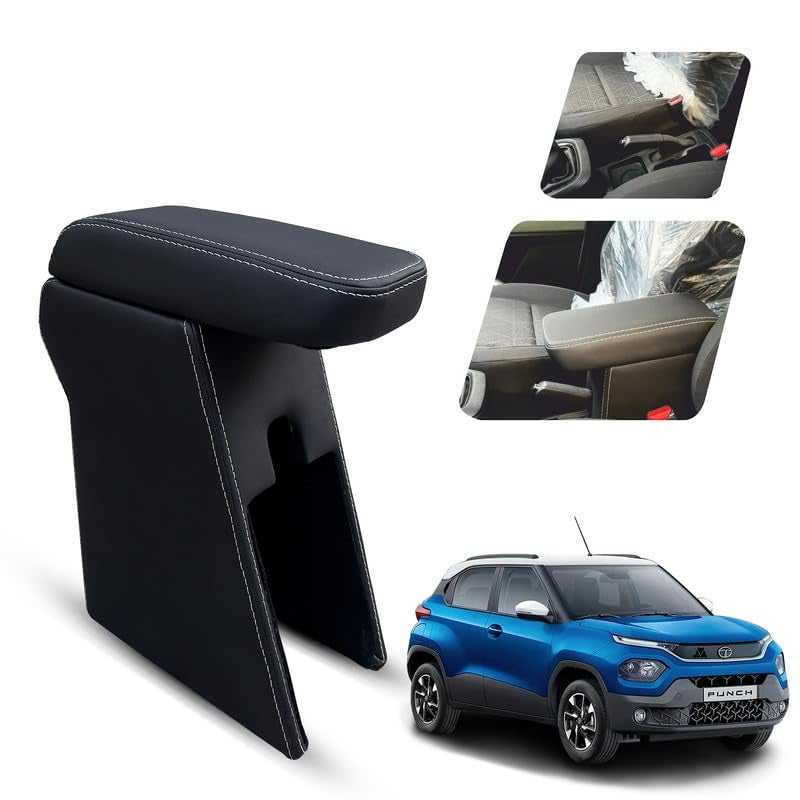 Carigiri Premium Finish Car Armrest with Storage Box And High Density Moulded Foam For Tata Punch/Punch Ev Pure, Pure Plus(Black With White Double Stitching,Nappa Leatherette) - Image 1
