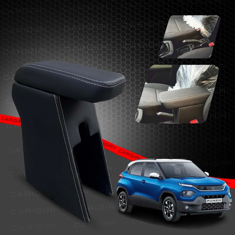 Carigiri Premium Finish Car Armrest with Storage Box And High Density Moulded Foam For Tata Punch/Punch Ev Pure, Pure Plus(Black With White Double Stitching,Nappa Leatherette) - Image 2