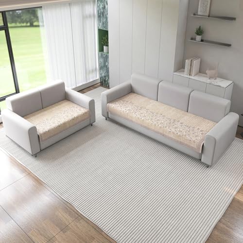 Nendle Refined Velvet Floral Sofa Mats 5 Seater Set Cover Elegant and Durable Protector for Living Room Sofa Mat 3 Seater and 2 Seater (Color Beige, Pack of 2) - Image 1