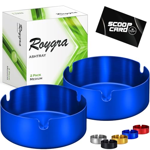 roygra Ash Tray (2 Pack), Outdoor Ashtray for Outside Patio, Stainless Steel Ashtrays for Cigarettes with 3 Holder, Smoking Accessories, Home Décor, Ashtrays for Smokers Indoor - Blue, Medium - Image 1
