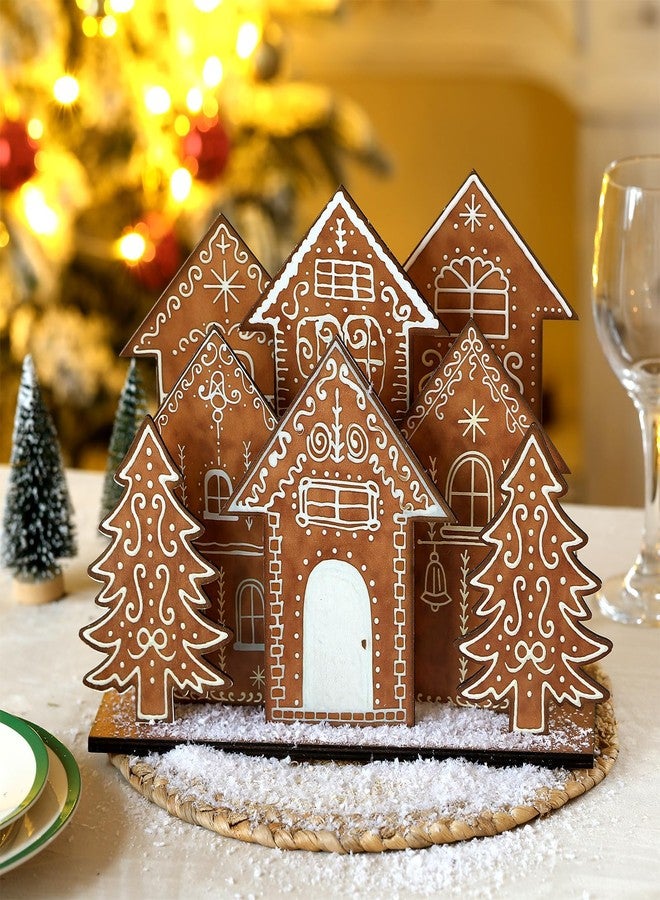 Threehoney 8 Pcs Christmas Gingerbread House Table Decorations Gingerbread House Wooden Table Centerpiece Christmas Village Xmas Tree Tabletop Sign for Farmhouse Winter Holiday Xmas Shelf Mantel Decor - Image 3