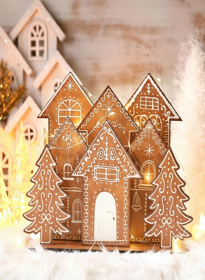 Threehoney 8 Pcs Christmas Gingerbread House Table Decorations Gingerbread House Wooden Table Centerpiece Christmas Village Xmas Tree Tabletop Sign for Farmhouse Winter Holiday Xmas Shelf Mantel Decor - Image 1