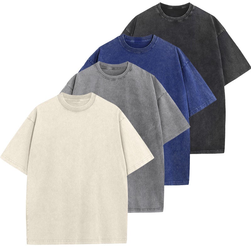 SnowElve 4 Pack Men's Oversized Cotton T-Shirts Loose Fit Vintage Tee Short Sleeve Casual Tshirts Solid Tops(BKGYBUBG,M) - Image 1
