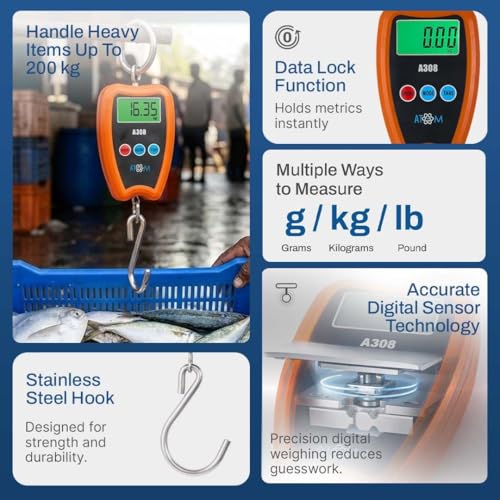 ATOM A 308 200kg hanging weighing scale | Mini Crane scale | Electronic portable weight machine for luggage, agriculture, fishing and scrap | Digital multipurpose weighing scale | Batteries included - Image 2
