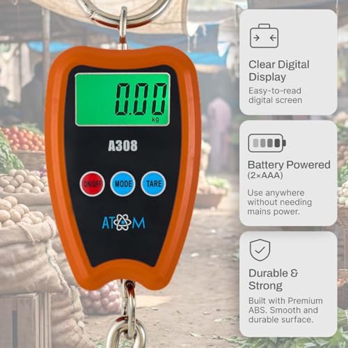 ATOM A 308 200kg hanging weighing scale | Mini Crane scale | Electronic portable weight machine for luggage, agriculture, fishing and scrap | Digital multipurpose weighing scale | Batteries included - Image 3