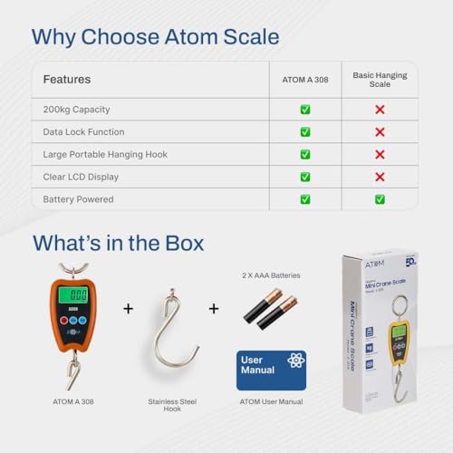 ATOM A 308 200kg hanging weighing scale | Mini Crane scale | Electronic portable weight machine for luggage, agriculture, fishing and scrap | Digital multipurpose weighing scale | Batteries included - Image 4