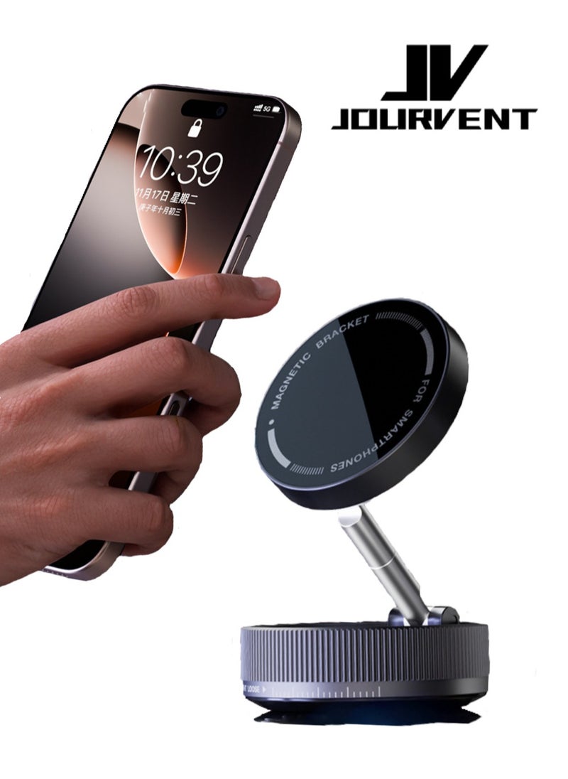 Jourvent - Magnetic Car Phone Holder,with Foldable Stand, Suction Cup Mount Made of Zinc Alloy, Multi-Angle Rotation, Includes Mirror Stickers, Magnetic Sheets, Hex Wrench, and Foldable Bracket for Easy Installation. - Image 1