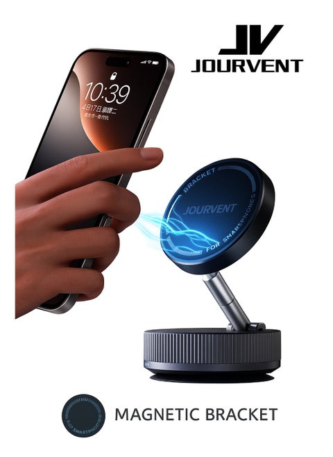 Magnetic Car Phone Holder,with Foldable Stand, Suction Cup Mount Made of Zinc Alloy, Multi-Angle Rotation, Includes Mirror Stickers, Magnetic Sheets, Hex Wrench, and Foldable Bracket for Easy Installation.