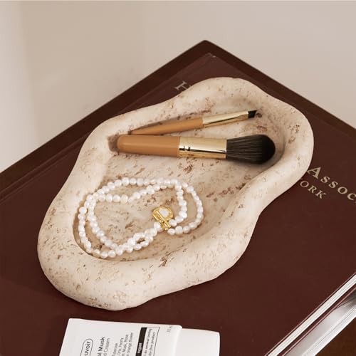 DN DECONATION Cloud-Shaped Resin Jewelry Tray, Beige Travertine Vanity Tray for Bathroom Countertop, Trinket Candle Dish, Perfume Holder, Decorative Ottoman Tray for Home Decor Coffee Table Dresser - Image 2