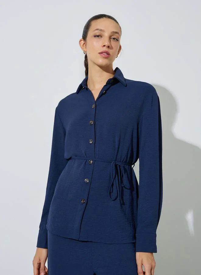 ستايلي Navy Blue Longline Shirt and Wide Leg Pants Co-Ord Set