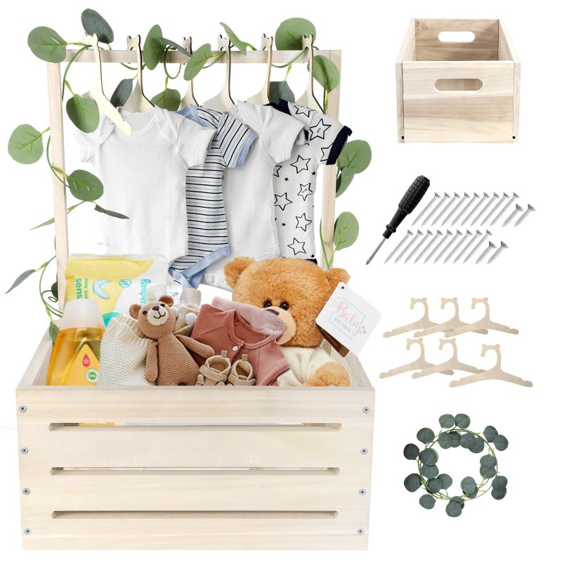 Ultra bee Umtiti Wooden Baby Gift Basket with Handle，Kids Clothes Hanger and Garland，Baby Shower Crate Wardrobe for Pregnant New Parents.Gift Basket-Wood-UK - Image 1