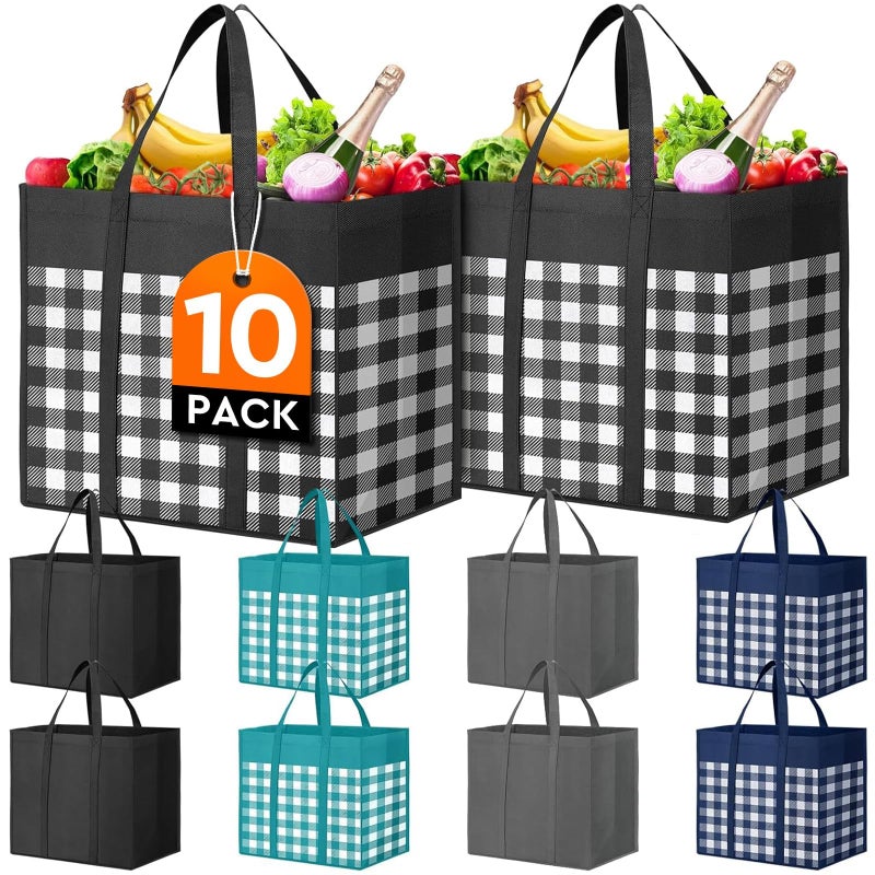 WISELIFE Reusable Grocery Shopping Bags 10 Pack Large Foldable Tote Bags Bulk Eco Produce Bags with Long Handle for Shopping Groceries Clothes Plaid B