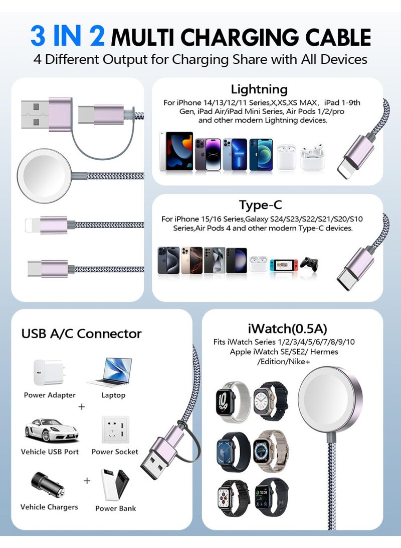 general 2Pack Multi Fast Charging Cable for Travel Essentials,Apple Watch Charger,iPhone Charger[3-in-2] USB A/Type C/Lightning Cable for iWatch Ultra/SE/10-2,iPhone 16-11,Galaxy S25-21,Airpods,iPad,Car-4FT - Image 2