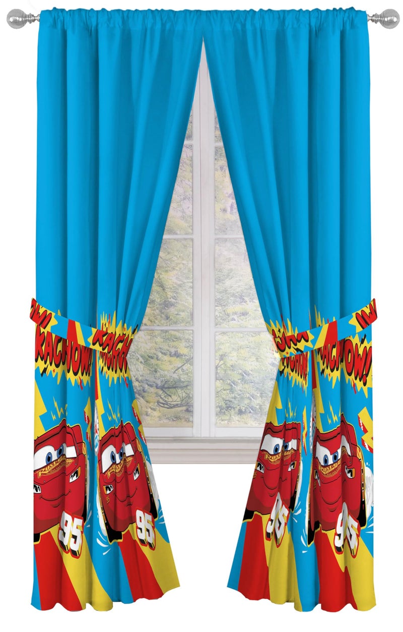 Sunny Side Up Window Curtains for Kids Bedroom 4Piece Drape Set with 2 Tiebacks Blue Cars 42 W x 84 L Pack of 2 - Image 2