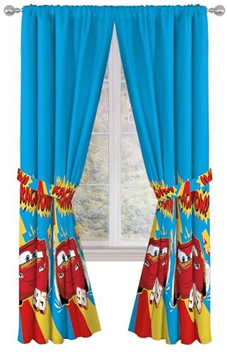 Sunny Side Up Window Curtains for Kids Bedroom 4Piece Drape Set with 2 Tiebacks Blue Cars 42 W x 84 L Pack of 2 - Image 1