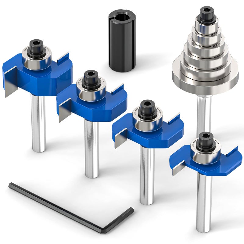 Meiggtool 4Pcs Rabbet Router Bit 1/4"" Shank With 6 Bearings Set - 1/16""  1/8""  3/16""  1/4""  5/16""  3/8"". Interchangeable Bearings With 1/2"" To 1/4"" Router Collett - Image 1