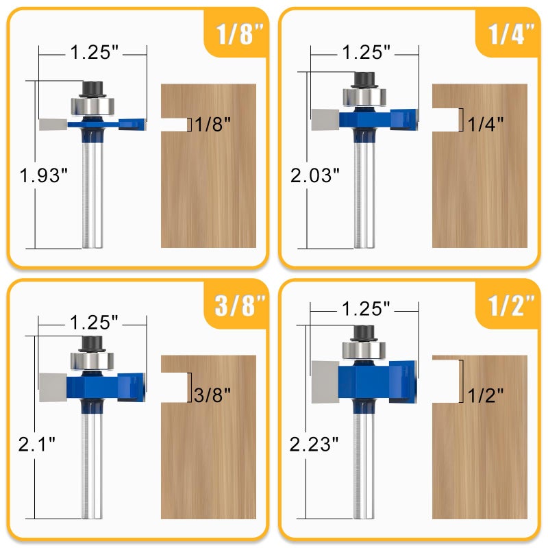 Meiggtool 4Pcs Rabbet Router Bit 1/4"" Shank With 6 Bearings Set - 1/16""  1/8""  3/16""  1/4""  5/16""  3/8"". Interchangeable Bearings With 1/2"" To 1/4"" Router Collett - Image 2