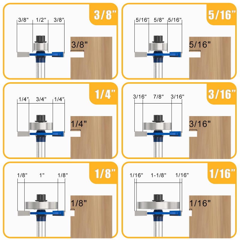 Meiggtool 4Pcs Rabbet Router Bit 1/4"" Shank With 6 Bearings Set - 1/16""  1/8""  3/16""  1/4""  5/16""  3/8"". Interchangeable Bearings With 1/2"" To 1/4"" Router Collett - Image 3