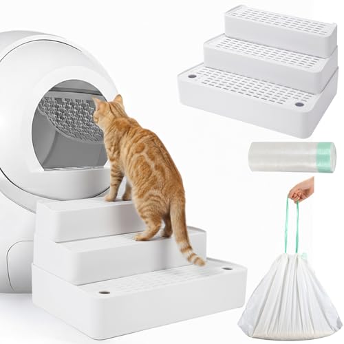 Vesici Adjustable 3 Steps Litter Box Ramp with 20 Waste Bags Pet Steps for Cats with Filter Function Non Slip Cat Litter Stair for Automatic Box Small Elder cat White - Image 1