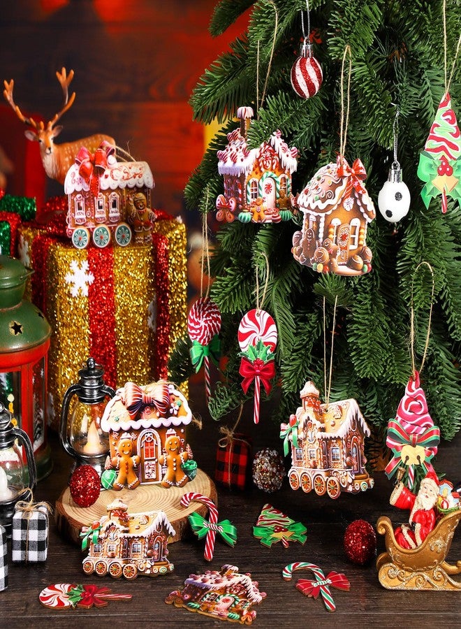 Roowest 36 Pcs Christmas Gingerbread House Ornament Set Wood Christmas Tree Ornaments Lollipop Flat Train Donut Cake Hanging Decorations Peppermint Ornaments for Xmas Tree Party Supplies - Image 4