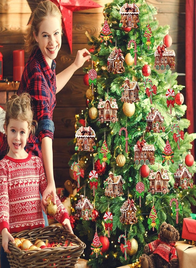 Roowest 36 Pcs Christmas Gingerbread House Ornament Set Wood Christmas Tree Ornaments Lollipop Flat Train Donut Cake Hanging Decorations Peppermint Ornaments for Xmas Tree Party Supplies - Image 3