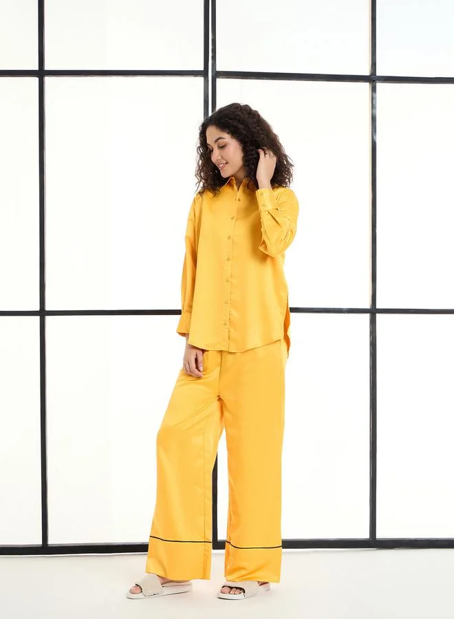 SASSAFRAS Solid Satin Longline Shirt & Straight Leg Pants Co-Ords by Styli