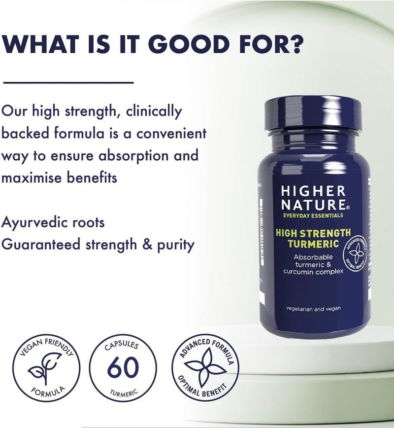 Higher Nature Turmeric Capsules High Strength Powerful Support Tumeric Curcumin Supplement Vegan 60 Capsules - Image 2
