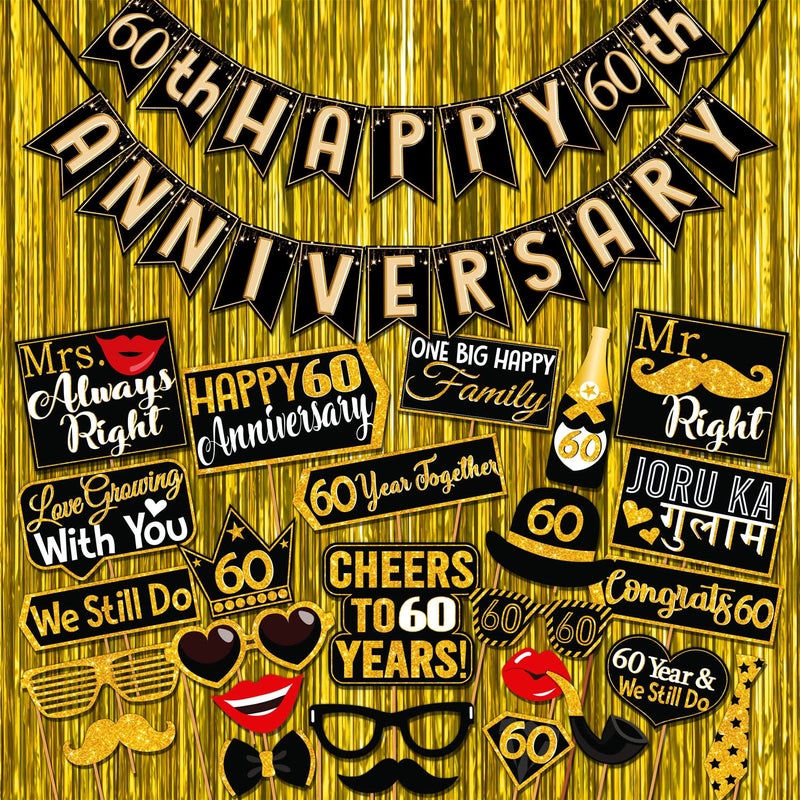 Wobbox Happy Anniversary Bunting Banner Black & Copper Gold Text with Hanging Stars 60th Year with Happy Anniversary Party Props & Golden Colour Foil Fringe, Happy Anniversary Decoration Item - Image 1