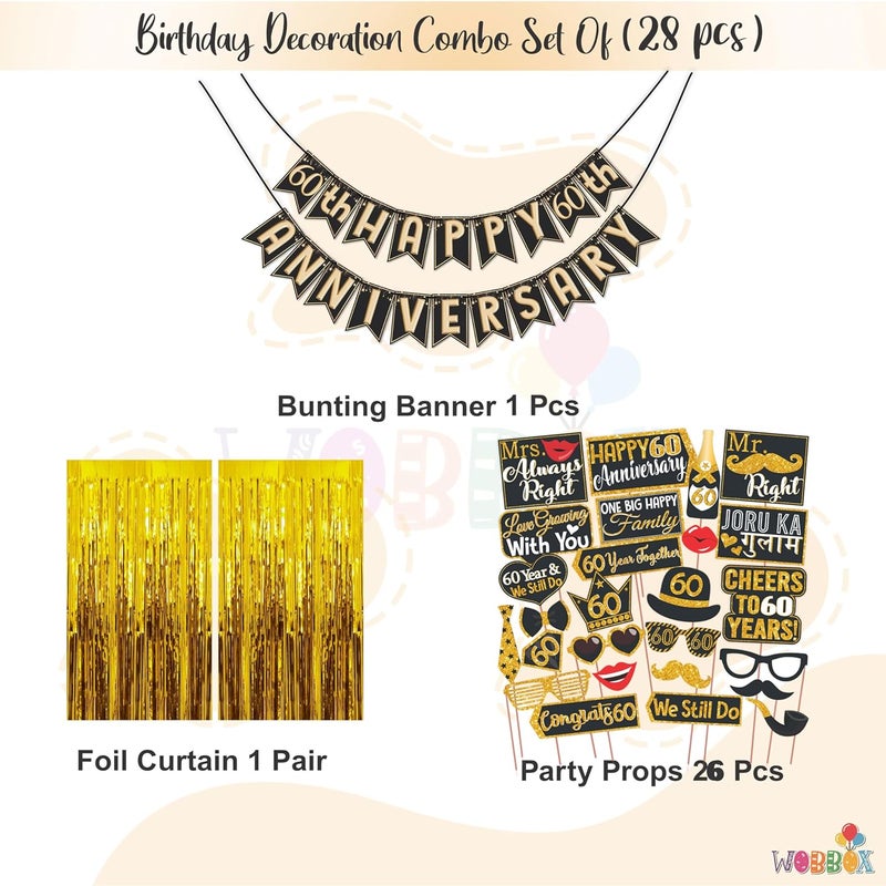 Wobbox Happy Anniversary Bunting Banner Black & Copper Gold Text with Hanging Stars 60th Year with Happy Anniversary Party Props & Golden Colour Foil Fringe, Happy Anniversary Decoration Item - Image 2